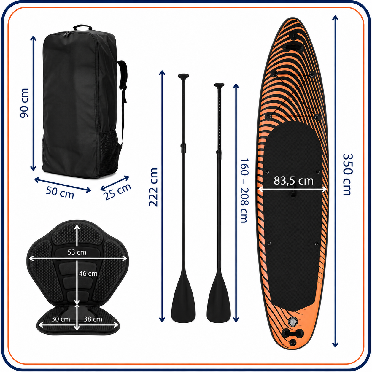 Felfújható Stand Up Paddle Board készlet 350x84x15 cm, pumpával, kajaküléssel, javítókészlettel, szállító hátizsákkal, 2 az 1-ben evezővel, max. 220 kg, fekete/narancssárga - Image 31
