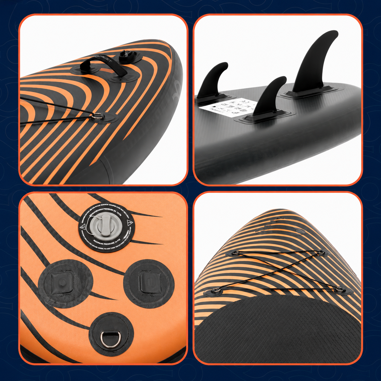 Felfújható Stand Up Paddle Board készlet 350x84x15 cm, pumpával, kajaküléssel, javítókészlettel, szállító hátizsákkal, 2 az 1-ben evezővel, max. 220 kg, fekete/narancssárga - Image 9