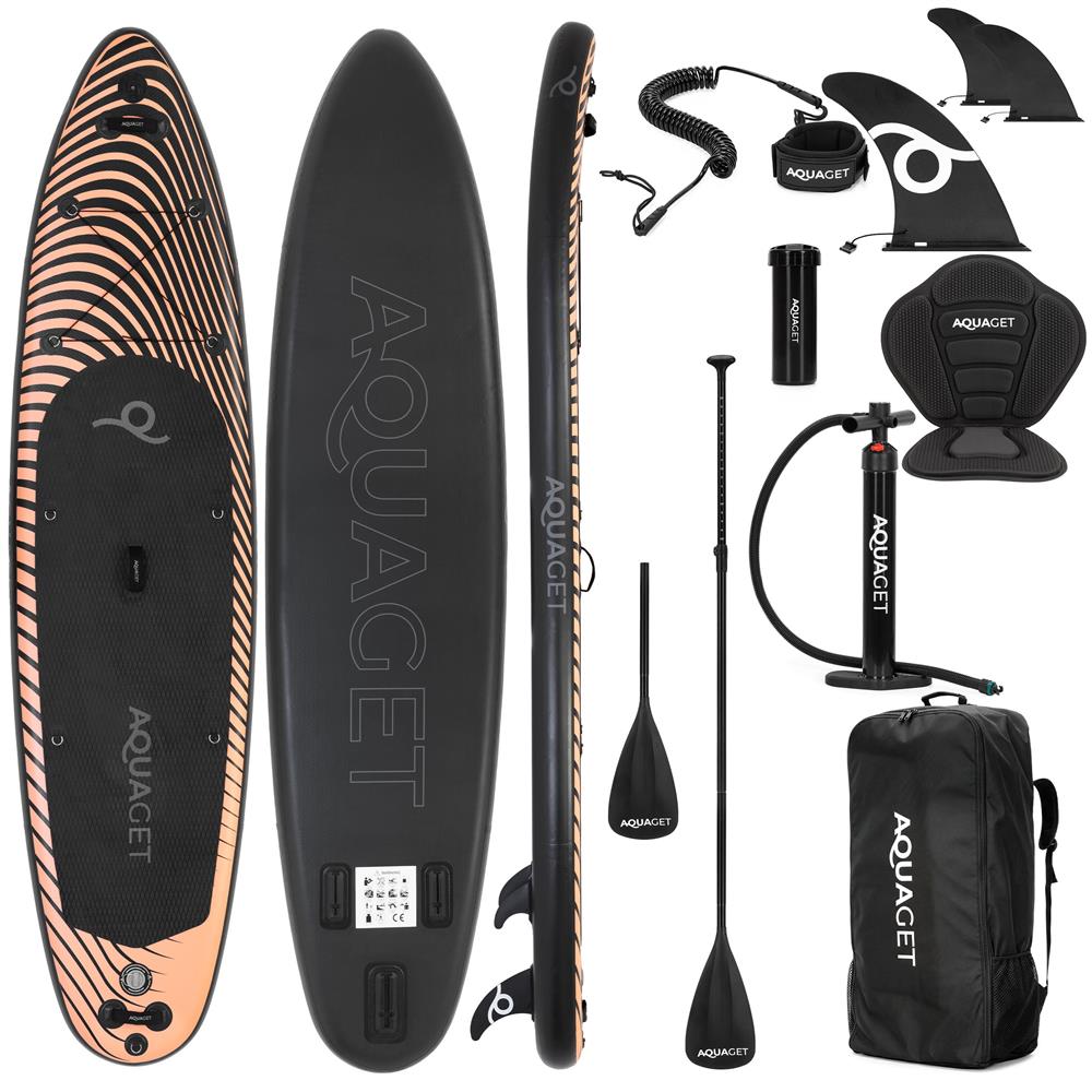 Felfújható Stand Up Paddle Board készlet 350x84x15 cm, pumpával, kajaküléssel, javítókészlettel, szállító hátizsákkal, 2 az 1-ben evezővel, max. 220 kg, fekete/narancssárga