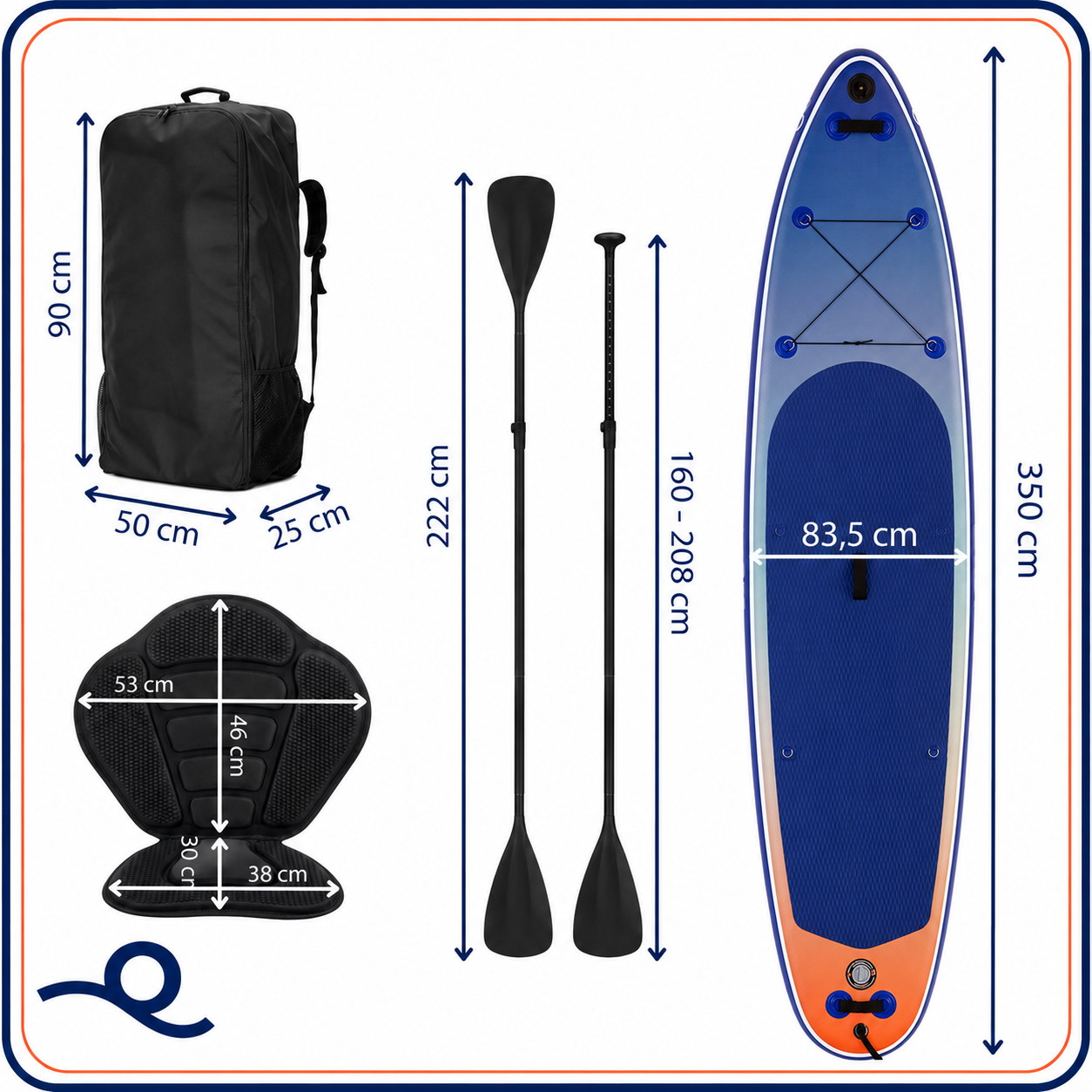 Felfújható Stand Up Paddle Board készlet 350x84x15 cm, pumpával, kajaküléssel, javítókészlettel, szállító hátizsákkal, 2 az 1-ben evezővel, max. 220 kg, kék - Image 23