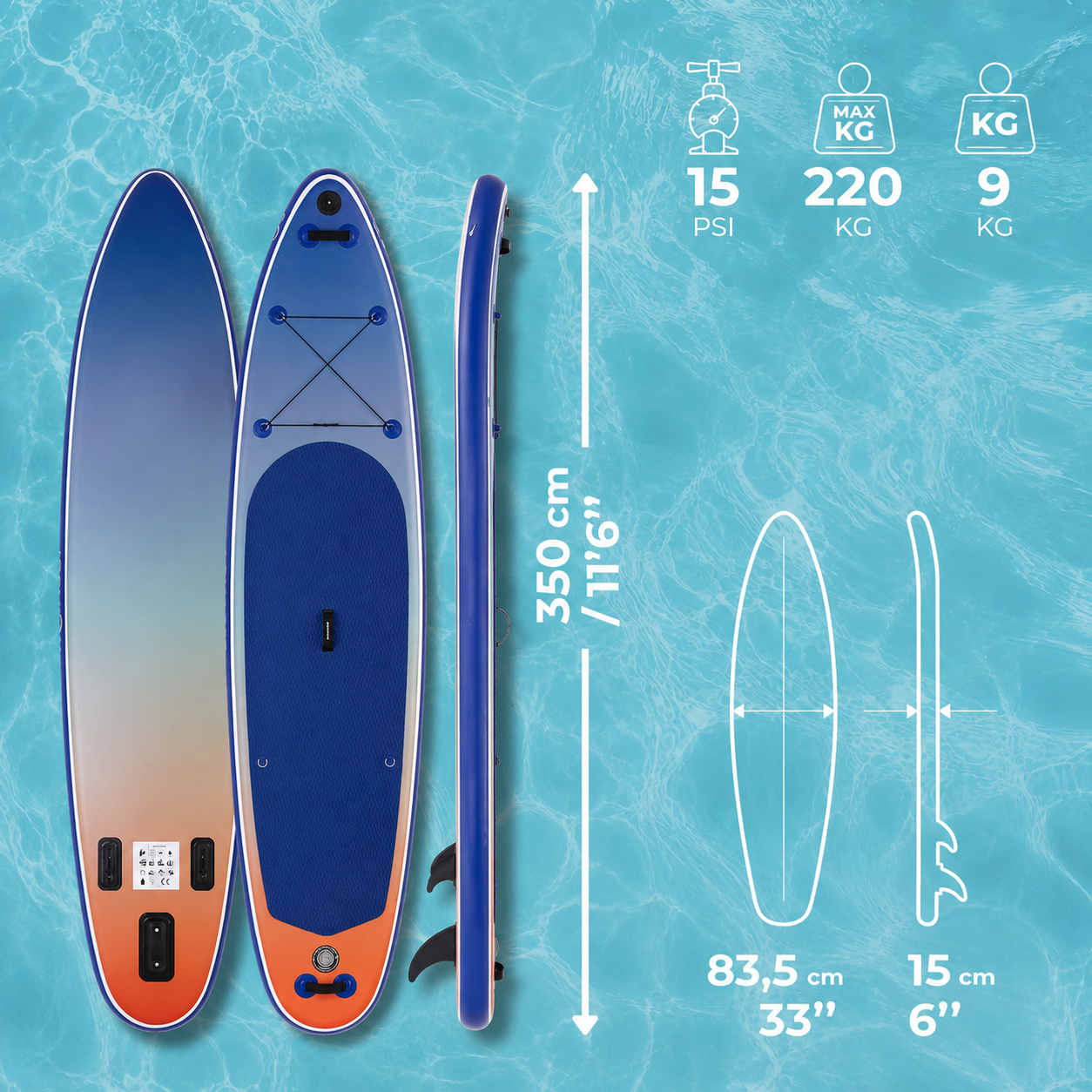 Felfújható Stand Up Paddle Board készlet 350x84x15 cm, pumpával, kajaküléssel, javítókészlettel, szállító hátizsákkal, 2 az 1-ben evezővel, max. 220 kg, kék - Image 26
