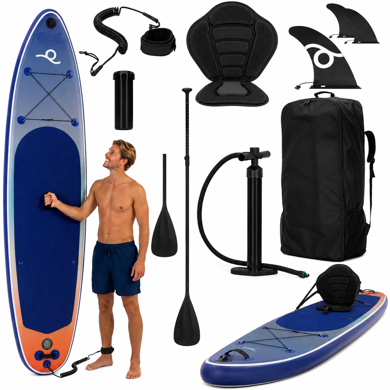 Felfújható Stand Up Paddle Board készlet 350x84x15 cm, pumpával, kajaküléssel, javítókészlettel, szállító hátizsákkal, 2 az 1-ben evezővel, max. 220 kg, kék - Image 32