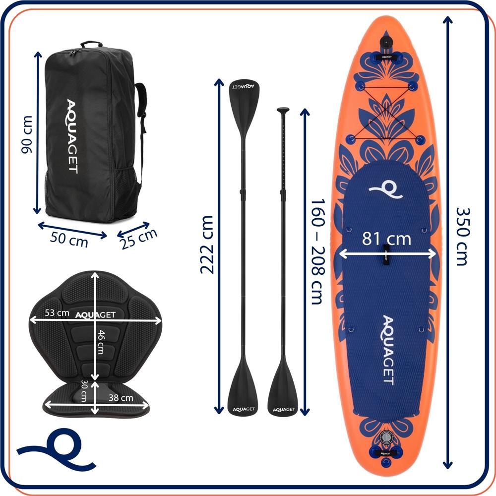 Felfújható Stand Up Paddle Board készlet 350x81x15 cm, pumpával, kajaküléssel, javítókészlettel, szállító hátizsákkal, 2 az 1-ben evezővel, max. 220 kg, narancssárga - Image 43