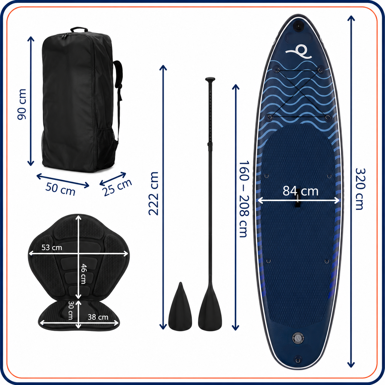 Felfújható Stand Up Paddle Board készlet 320x84x15 cm, pumpával, kajaküléssel, javítókészlettel, szállító hátizsákkal, 2 az 1-ben evezővel, max. 180 kg, kék - Image 22