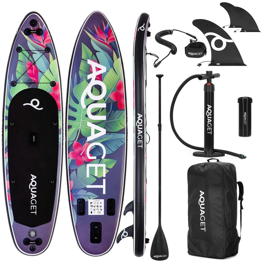 Felfújható Stand Up Paddle Board készlet 320x81x15 cm, pumpával, kajaküléssel, javítókészlettel, szállító hátizsákkal, 2 az 1-ben evezővel, max. 150 kg, lila virágmintás