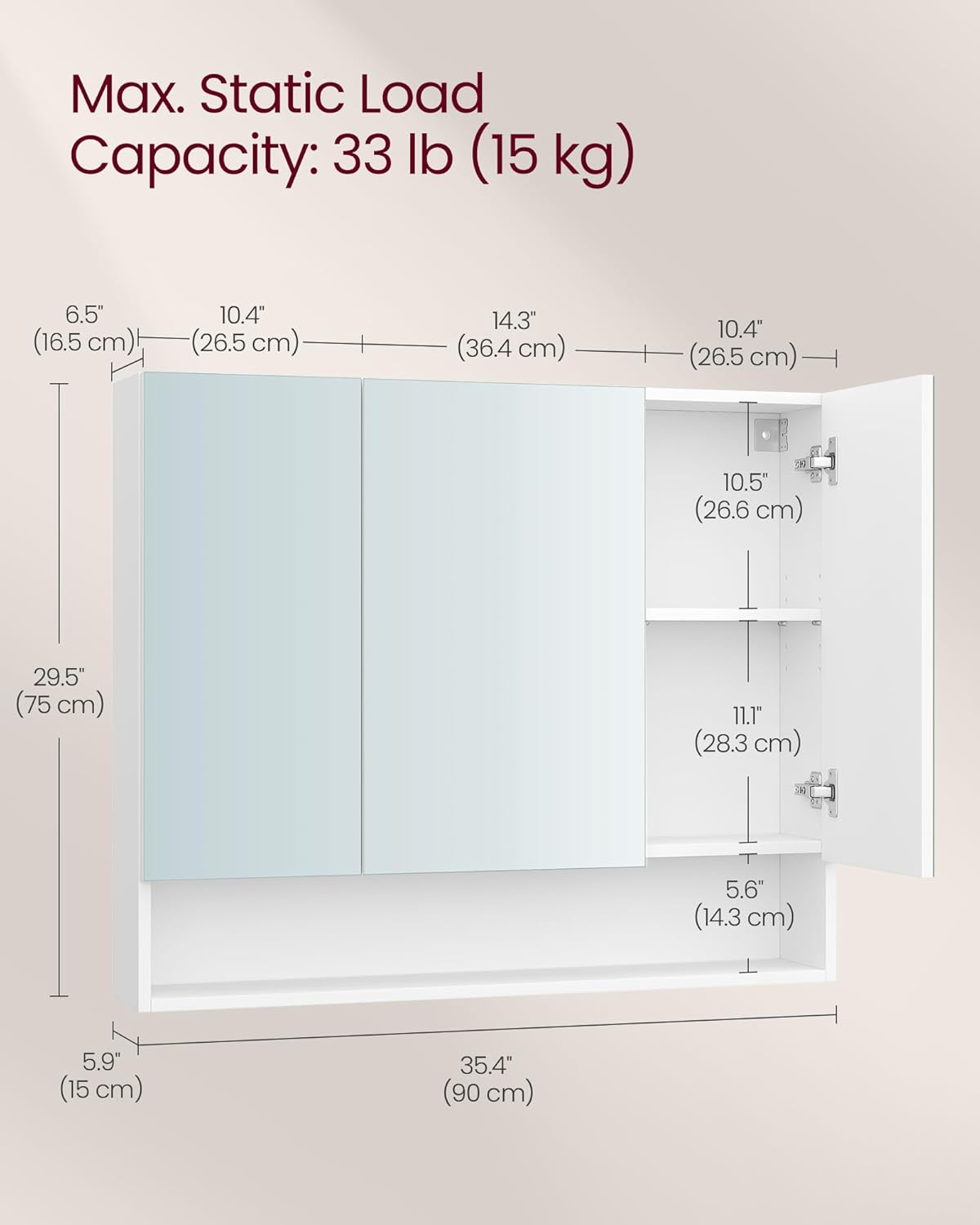 VASAGLE falra szerelhető tükrös fürdőszobai szekrény, 3 ajtóval és állítható polcokkal, forgácslap és üveg, 90 x 15 x 75 cm, fehér - Image 3