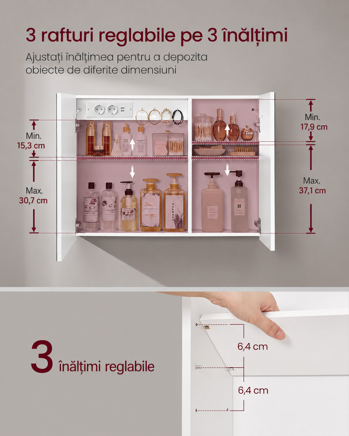 VASAGLE Fürdőszobai tükrös szekrény állítható LED-világítással, páramentesítő funkcióval, beépített USB-porttal és konnektorokkal, 80 x 17 x 60 cm, fehér - Image 5