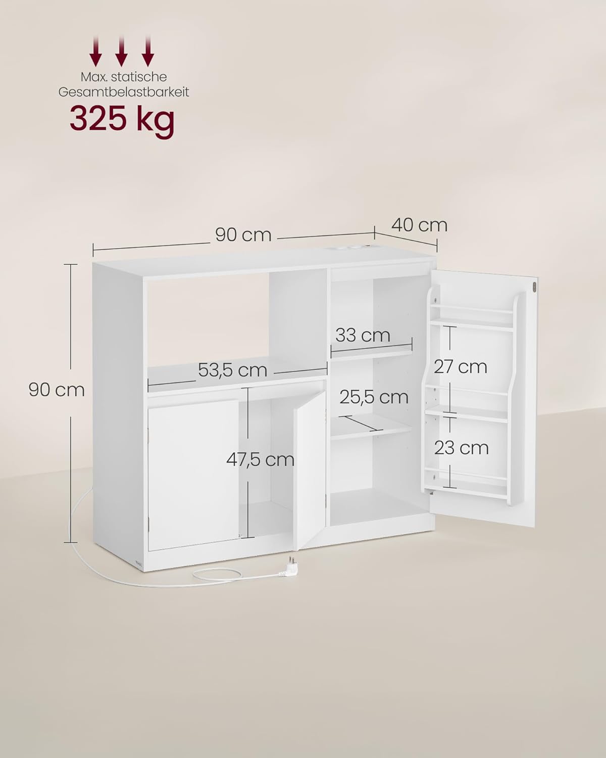 VASAGLE konyhaszekrény mikrohullámú sütő tartópolccal, 3 ajtóval, állítható polcokkal és beépített konnektorral, 90 x 40 x 90 cm, fehér - Image 3