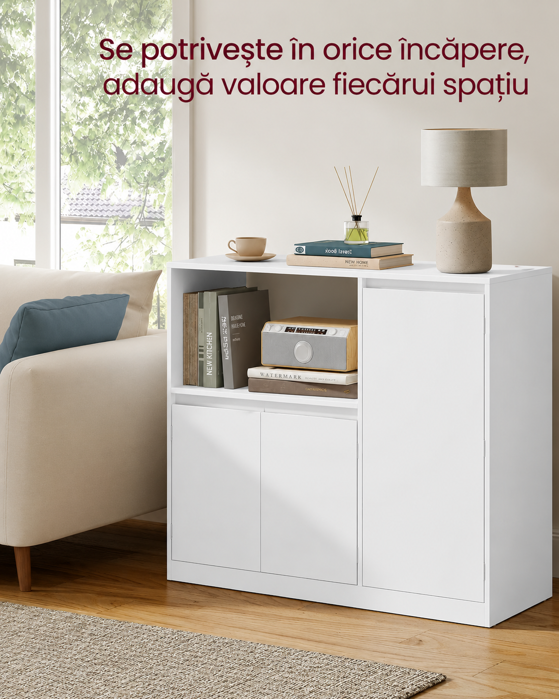 VASAGLE konyhaszekrény mikrohullámú sütő tartópolccal, 3 ajtóval, állítható polcokkal és beépített konnektorral, 90 x 40 x 90 cm, fehér - Image 4