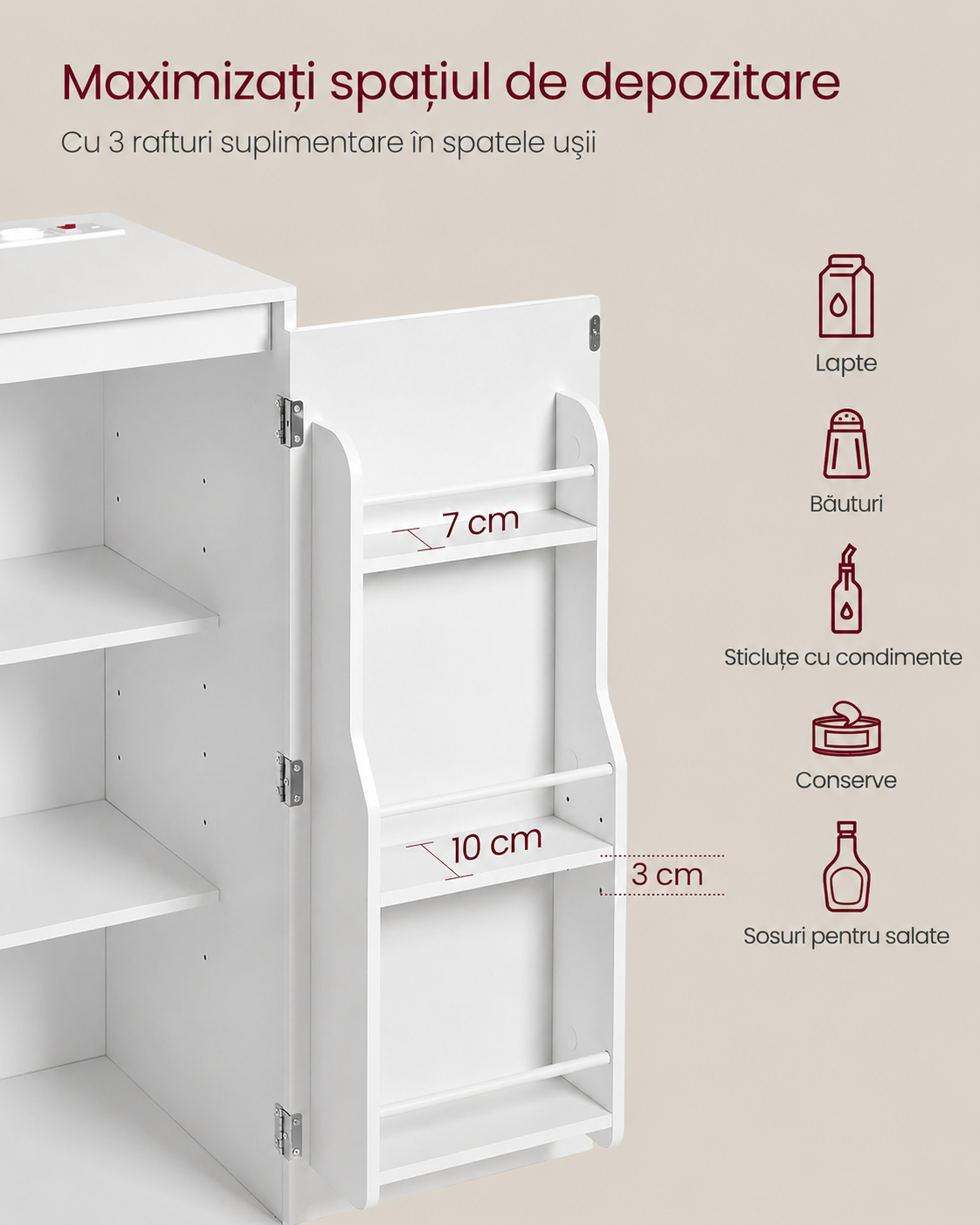 VASAGLE konyhaszekrény mikrohullámú sütő tartópolccal, 3 ajtóval, állítható polcokkal és beépített konnektorral, 90 x 40 x 90 cm, fehér - Image 8