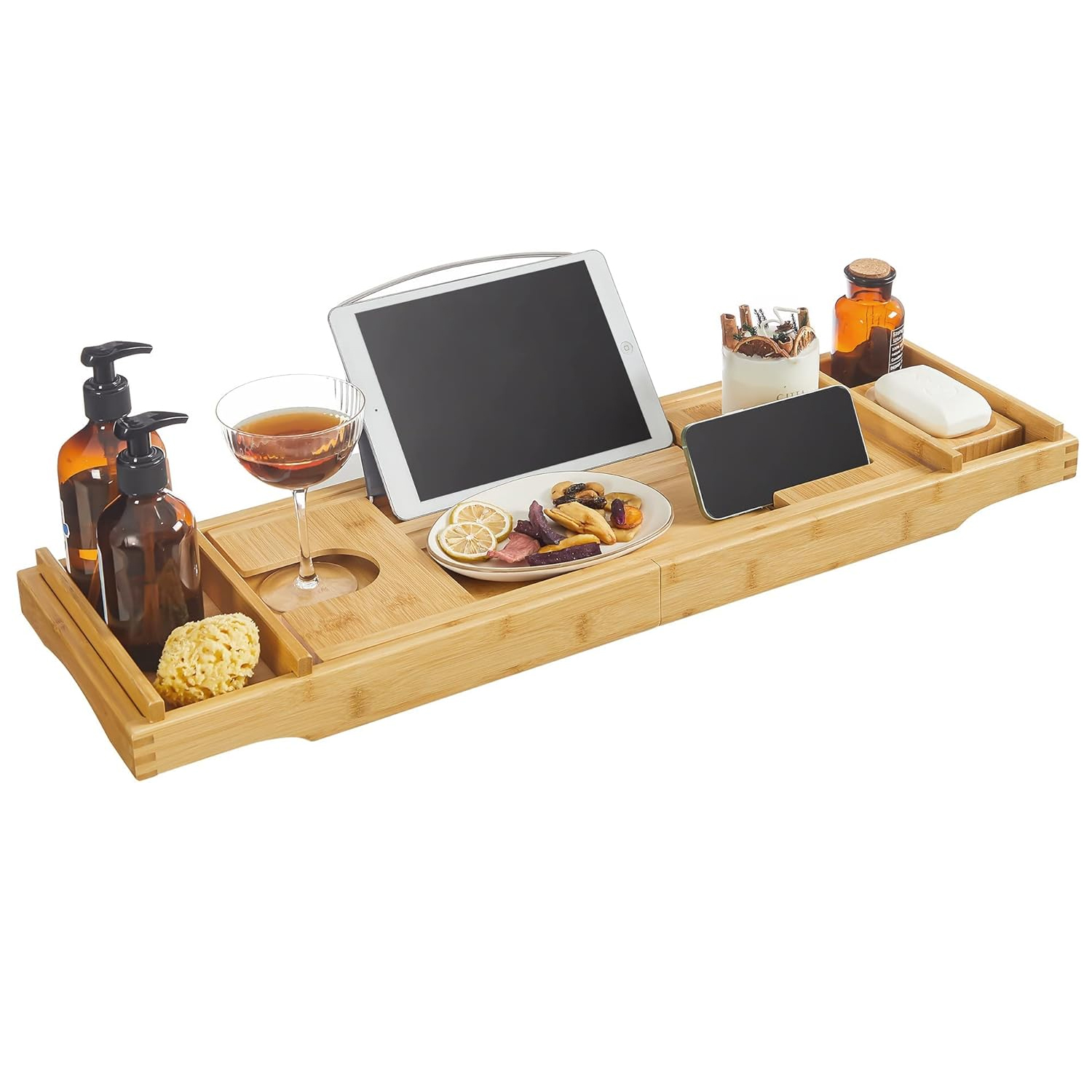 SONGMICS kihúzható bambusz kádtálca könyvtartóval, pohár- és szappantartóval, (75-109)x23x5 cm, natúr - Image 10