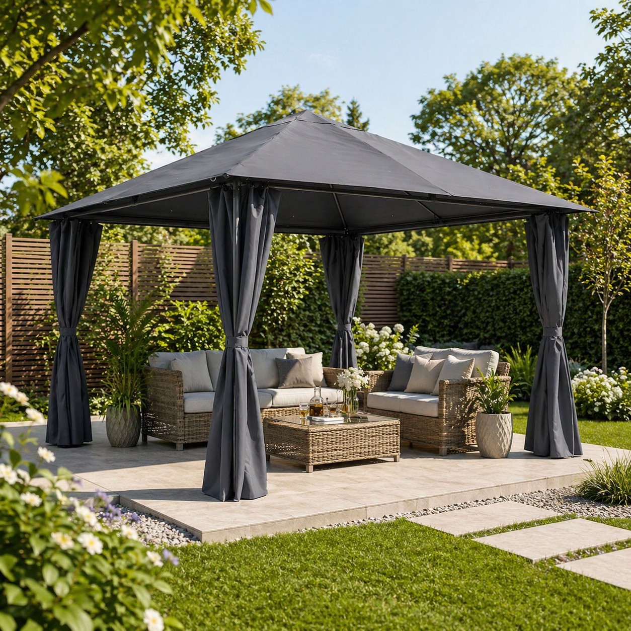 Kerti pavilon pergola, fémvázzal, 300×300×270 cm, 4 oldalfallal, vízálló, UV-álló, szürke