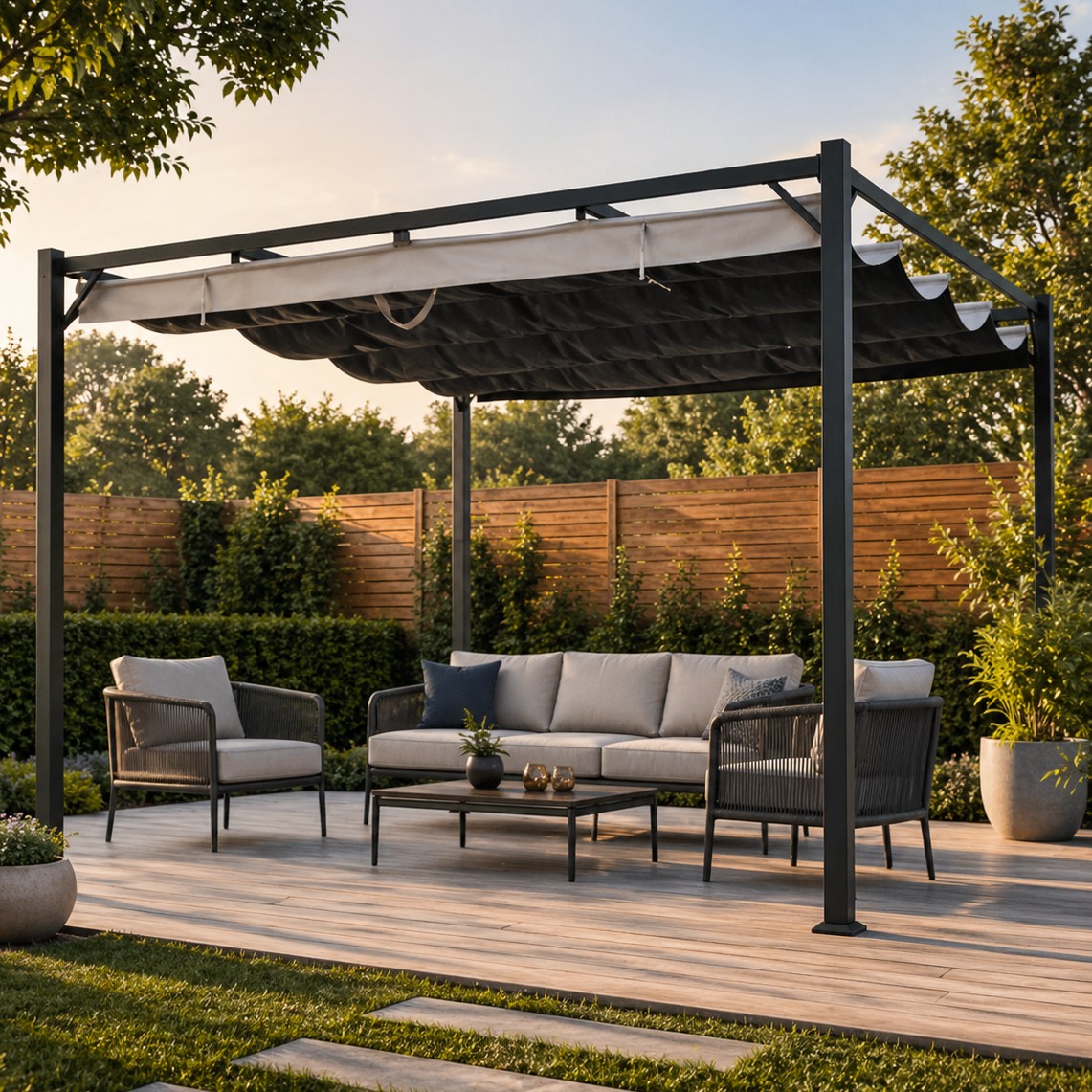 Kerti pergola behúzható tetővel, acél és poliészter, 300x300x232 cm, szürke