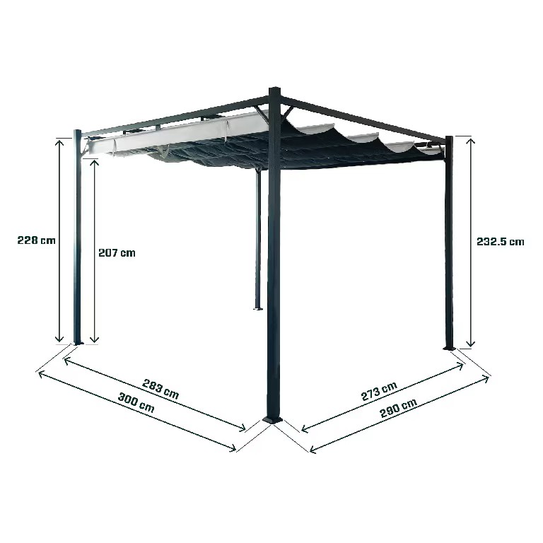 Kerti pergola behúzható tetővel, acél és poliészter, 300x300x232 cm, szürke - Image 6