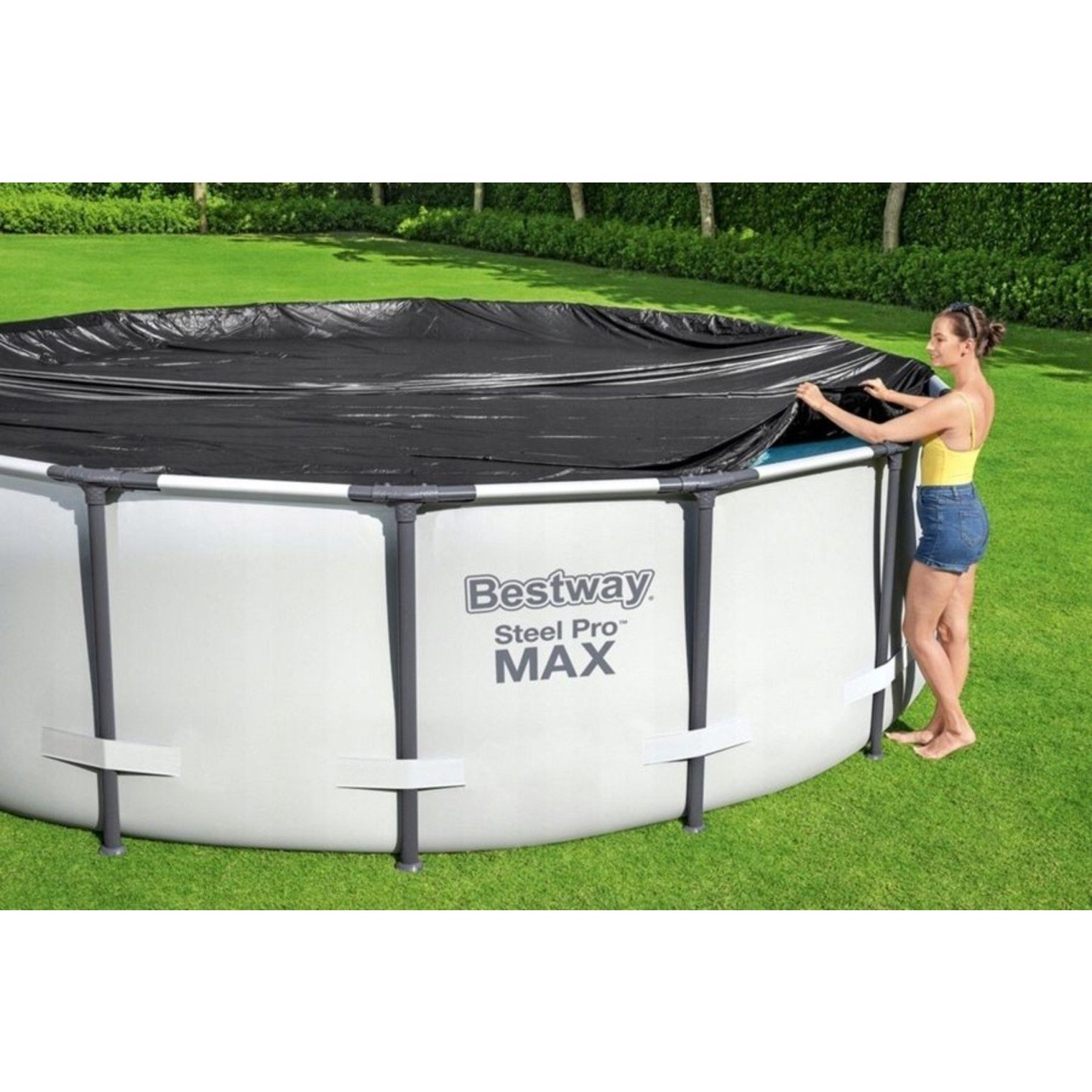 Bestway 58249 medencetakaró 488 cm átmérőjű medencéhez, vízelvezető nyílásokkal és rögzítőzsinórral, fekete - Image 3