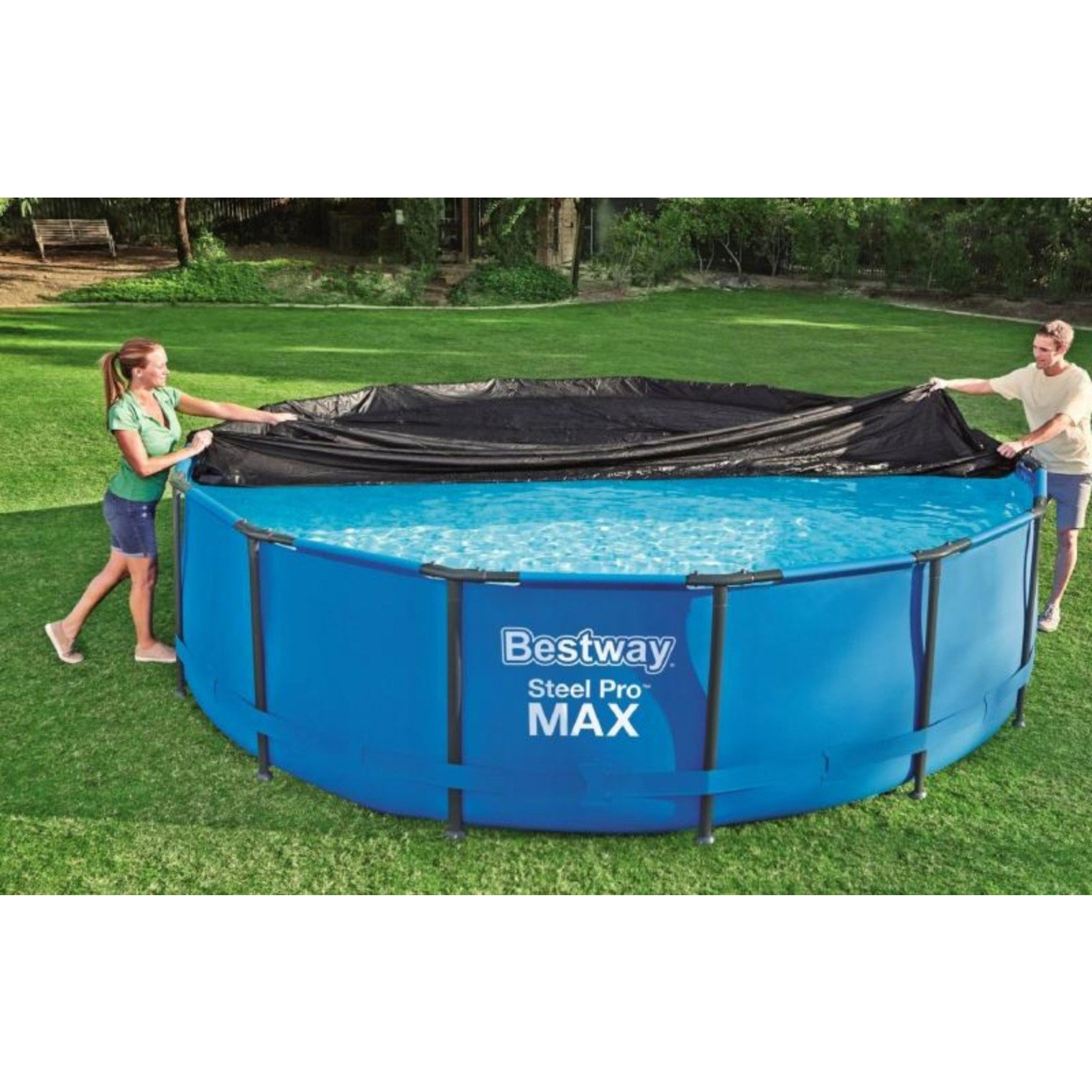 Bestway 58249 medencetakaró 488 cm átmérőjű medencéhez, vízelvezető nyílásokkal és rögzítőzsinórral, fekete - Image 6