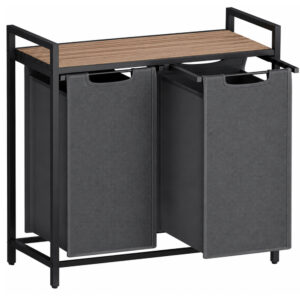 VASAGLE szennyeskosár 2 rekesszel, kivehető szennyeszsákokkal, polccal és fémvázzal, 2x46 l, 73x33x72 cm, barna és antracitszürke