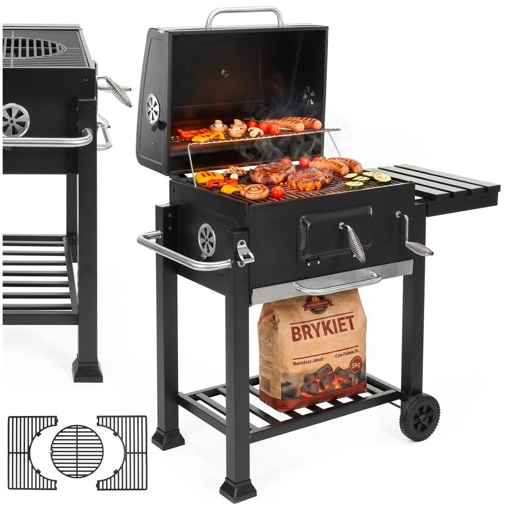 Faszenes grillsuto lehajthato oldalso polccal, allithato szenraccsal, homerovel, 114x52x106 cm, fekete - Image 2