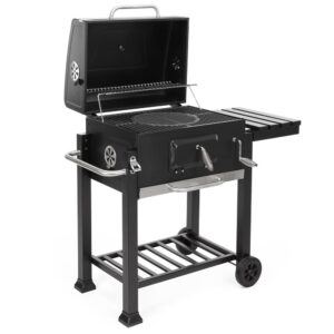 Faszenes grillsuto lehajthato oldalso polccal, allithato szenraccsal, homerovel, 114x52x106 cm, fekete