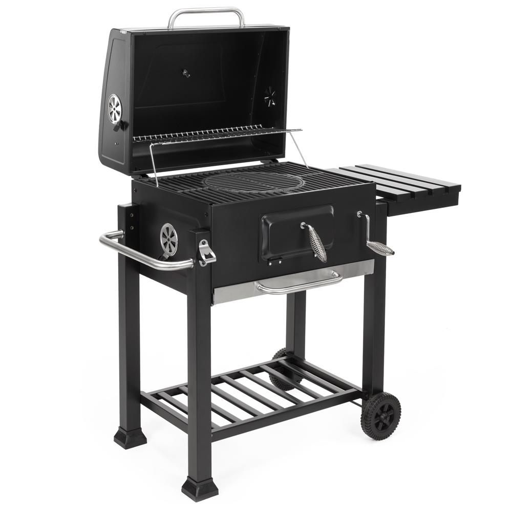 Faszenes grillsuto lehajthato oldalso polccal, allithato szenraccsal, homerovel, 114x52x106 cm, fekete