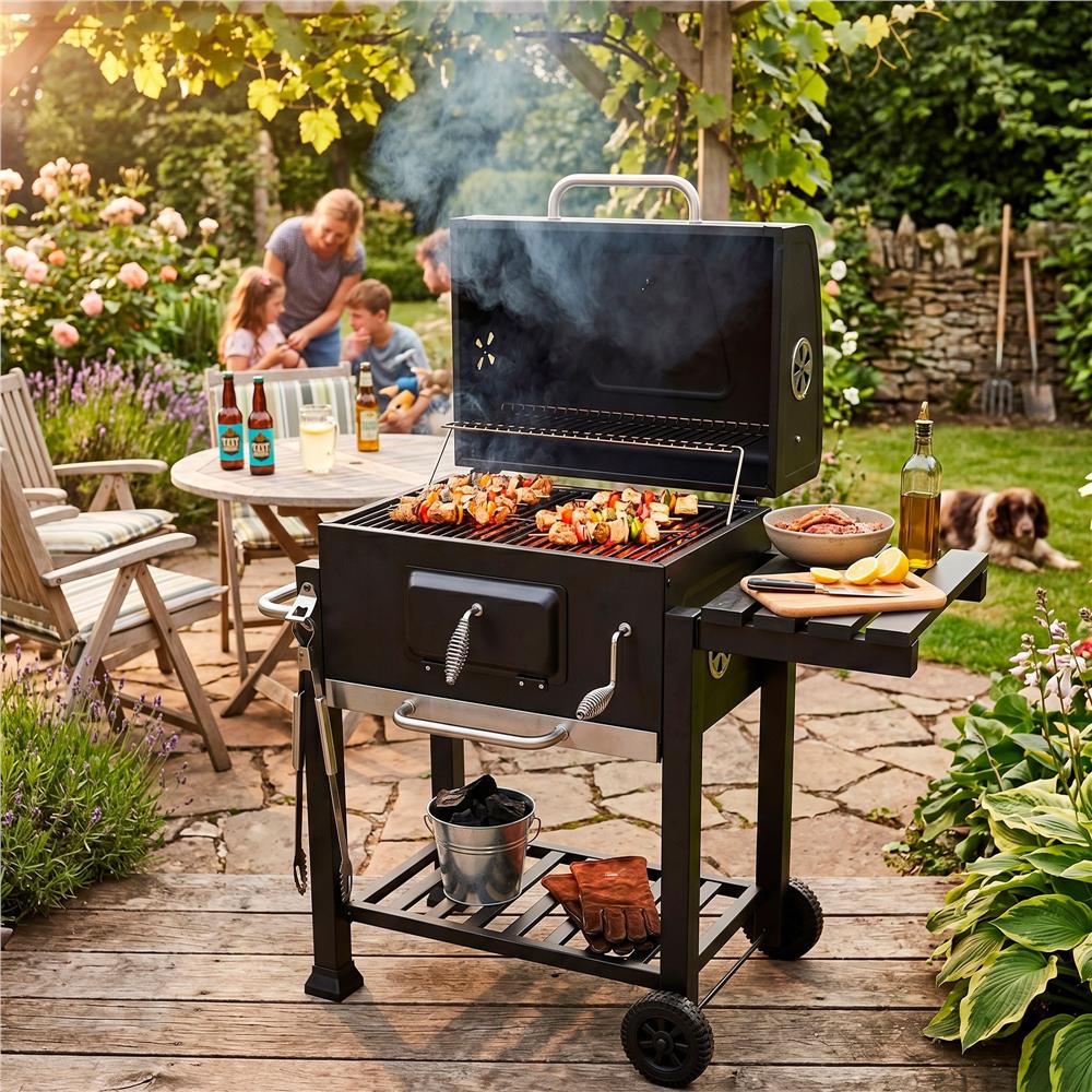 Faszenes grillsuto lehajthato oldalso polccal, allithato szenraccsal, homerovel, 114x52x106 cm, fekete - Image 7