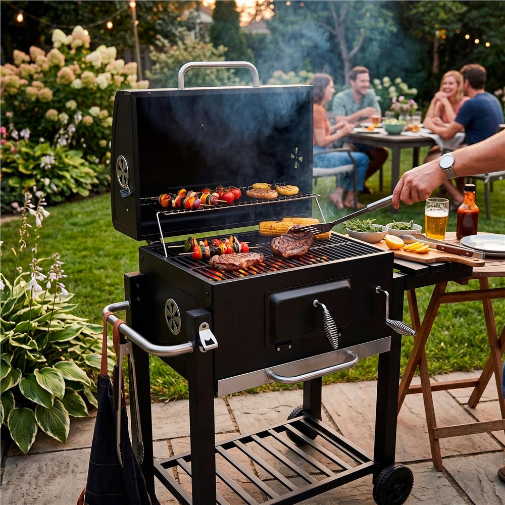 Faszenes grillsuto lehajthato oldalso polccal, allithato szenraccsal, homerovel, 114x52x106 cm, fekete - Image 8