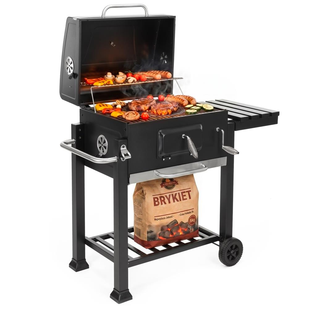Faszenes grillsuto lehajthato oldalso polccal, allithato szenraccsal, homerovel, 114x52x106 cm, fekete - Image 9