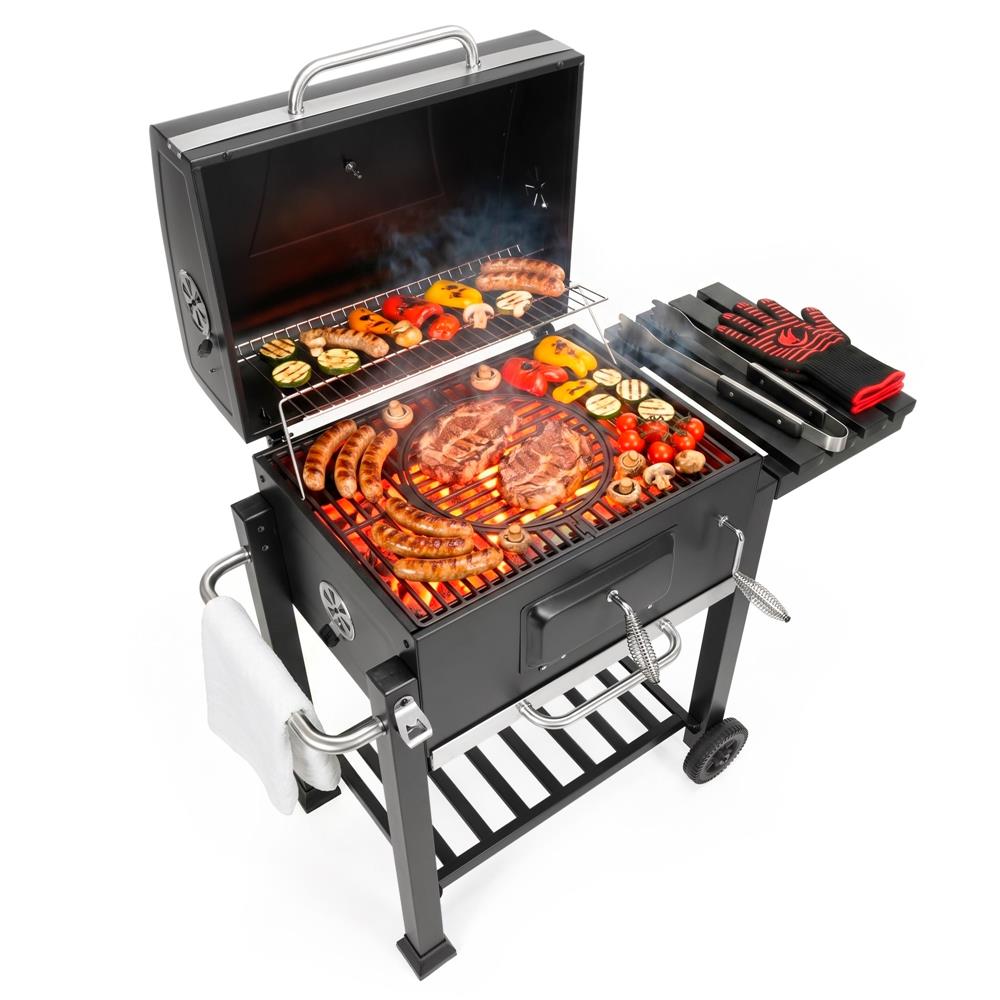 Faszenes grillsuto lehajthato oldalso polccal, allithato szenraccsal, homerovel, 114x52x106 cm, fekete - Image 10