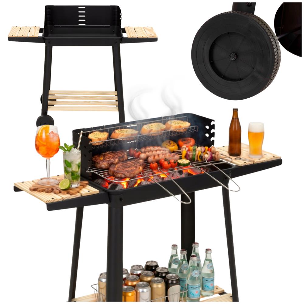 Hordozhato faszenes grillsuto forgonyarssal, oldalso polcokkal, 5 fokozatban allithato grillsutofelulettel, 95x41x78 cm - Image 3