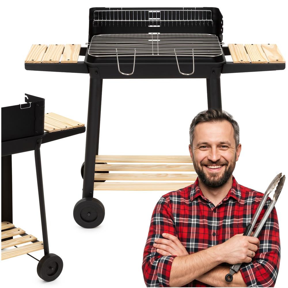 Hordozhato faszenes grillsuto forgonyarssal, oldalso polcokkal, 5 fokozatban allithato grillsutofelulettel, 95x41x78 cm - Image 2