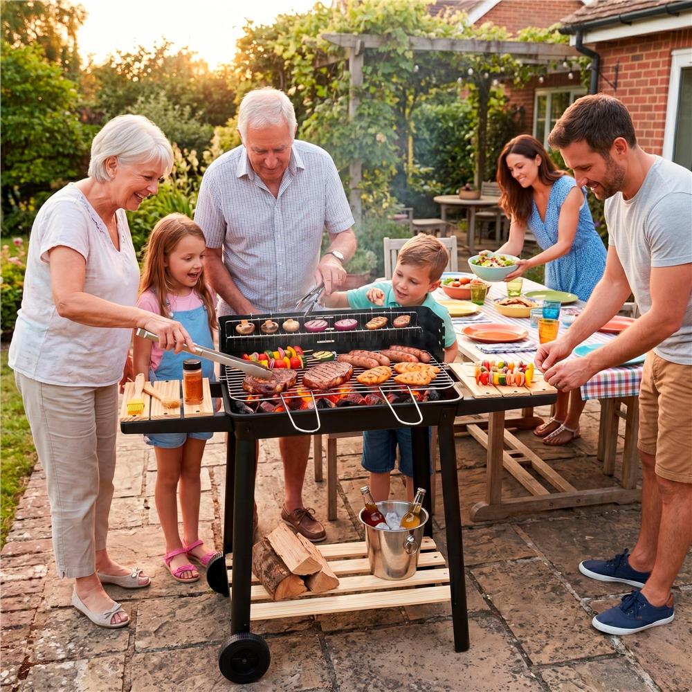 Hordozhato faszenes grillsuto forgonyarssal, oldalso polcokkal, 5 fokozatban allithato grillsutofelulettel, 95x41x78 cm - Image 17