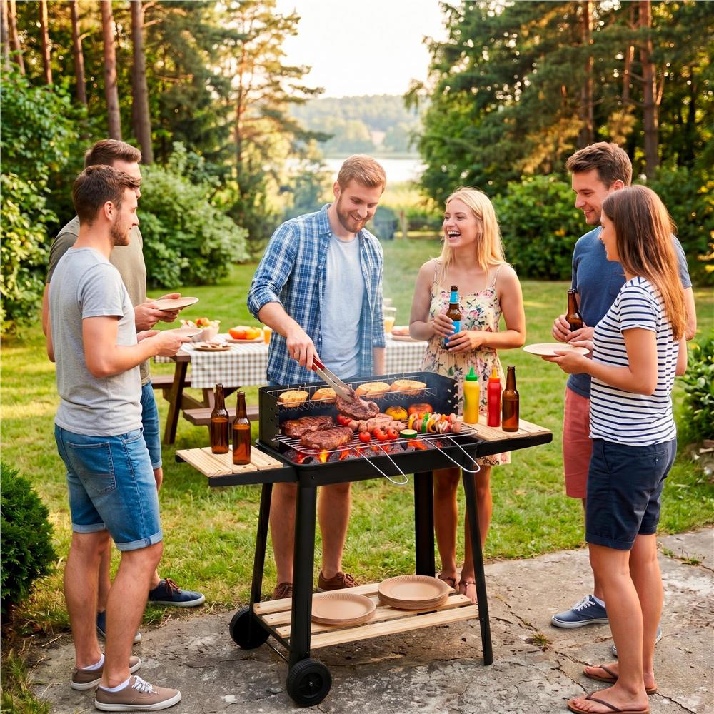 Hordozhato faszenes grillsuto forgonyarssal, oldalso polcokkal, 5 fokozatban allithato grillsutofelulettel, 95x41x78 cm - Image 18