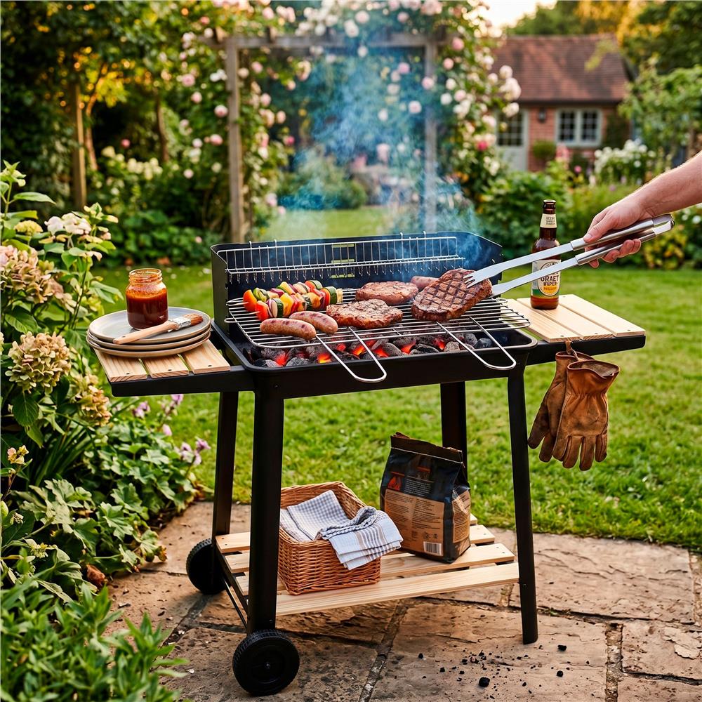 Hordozhato faszenes grillsuto forgonyarssal, oldalso polcokkal, 5 fokozatban allithato grillsutofelulettel, 95x41x78 cm - Image 19