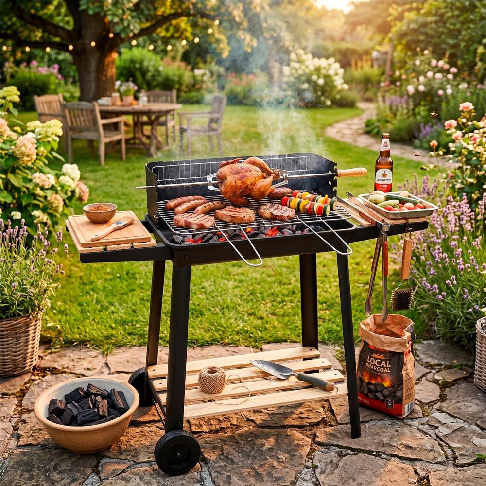 Hordozhato faszenes grillsuto forgonyarssal, oldalso polcokkal, 5 fokozatban allithato grillsutofelulettel, 95x41x78 cm - Image 30