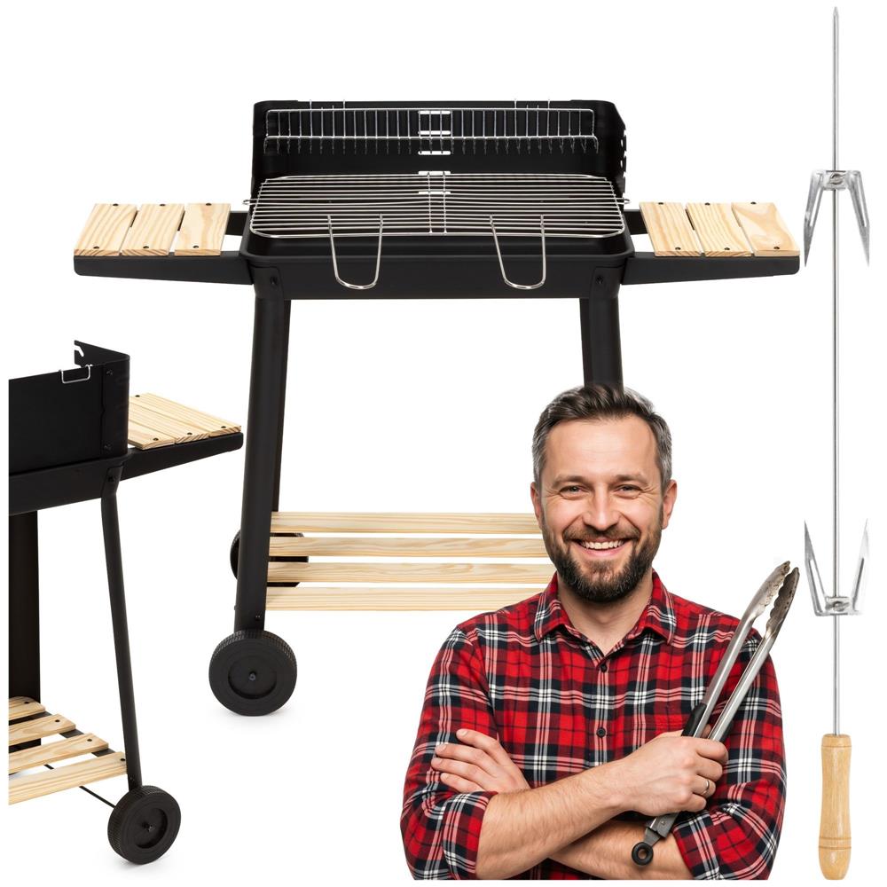 Hordozhato faszenes grillsuto forgonyarssal, oldalso polcokkal, 5 fokozatban allithato grillsutofelulettel, 95x41x78 cm - Image 6