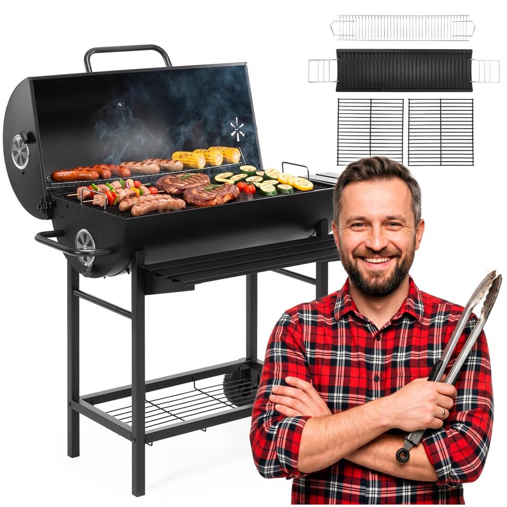 Faszenes grillsuto lehajthato oldalso polccal, elso polccal, allithato szenraccsal es homerovel, 108x60x95 cm, fekete - Image 4