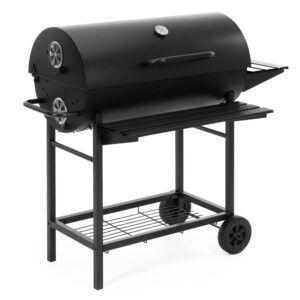 Faszenes grillsuto lehajthato oldalso polccal, elso polccal, allithato szenraccsal es homerovel, 108x60x95 cm, fekete