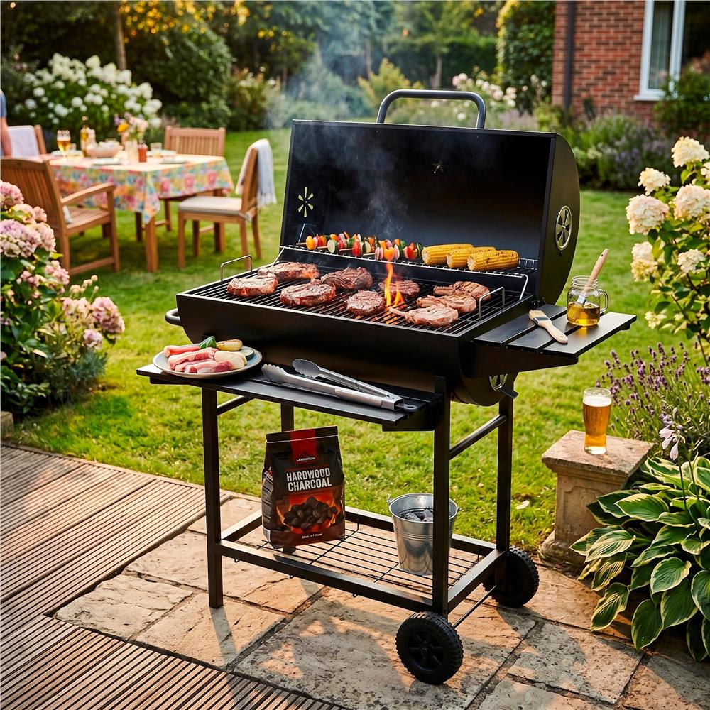 Faszenes grillsuto lehajthato oldalso polccal, elso polccal, allithato szenraccsal es homerovel, 108x60x95 cm, fekete - Image 31