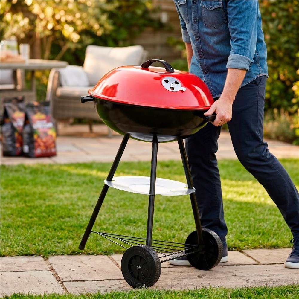 Hordozható faszenes grillsütő fedéllel, alsó tárolópolccal és állítható szellőzővel, acél, 41 cm-es grillrács átmérővel - Image 8