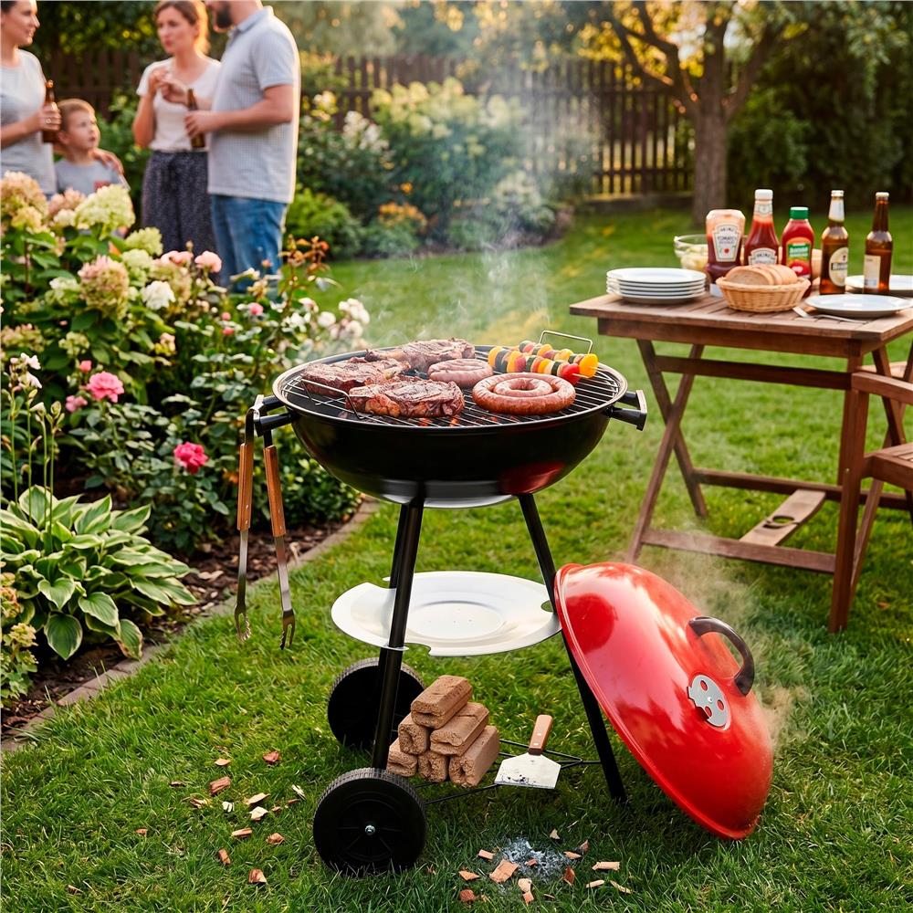 Hordozható faszenes grillsütő fedéllel, alsó tárolópolccal és állítható szellőzővel, acél, 41 cm-es grillrács átmérővel - Image 9