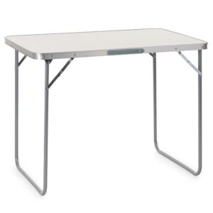 Összecsukható kempingasztal hordozófogantyúval, MDF asztallappal és alumínium vázzal, 90x60x70 cm, szürke