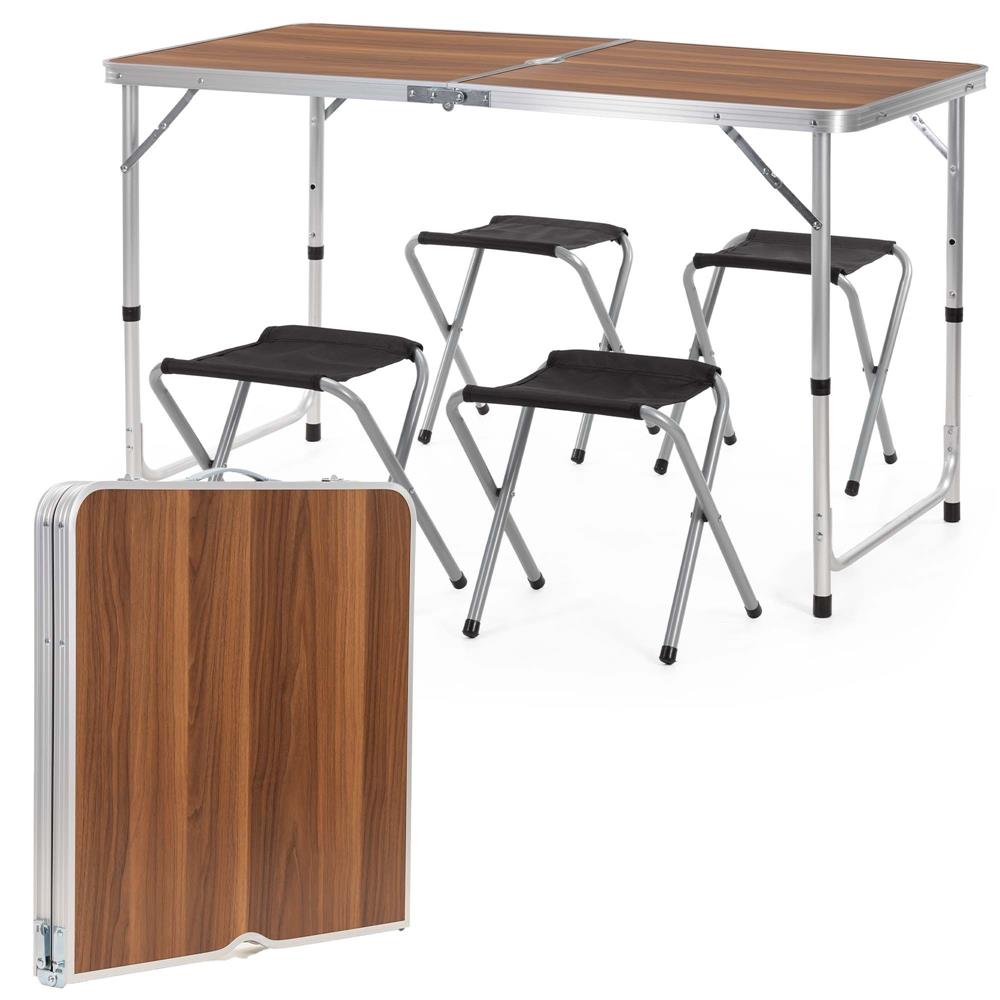 Összecsukható kempingasztal szett 4 székkel, állítható magasságú, alumínium és MDF, 120x60x71 cm, barna és ezüst - Image 2