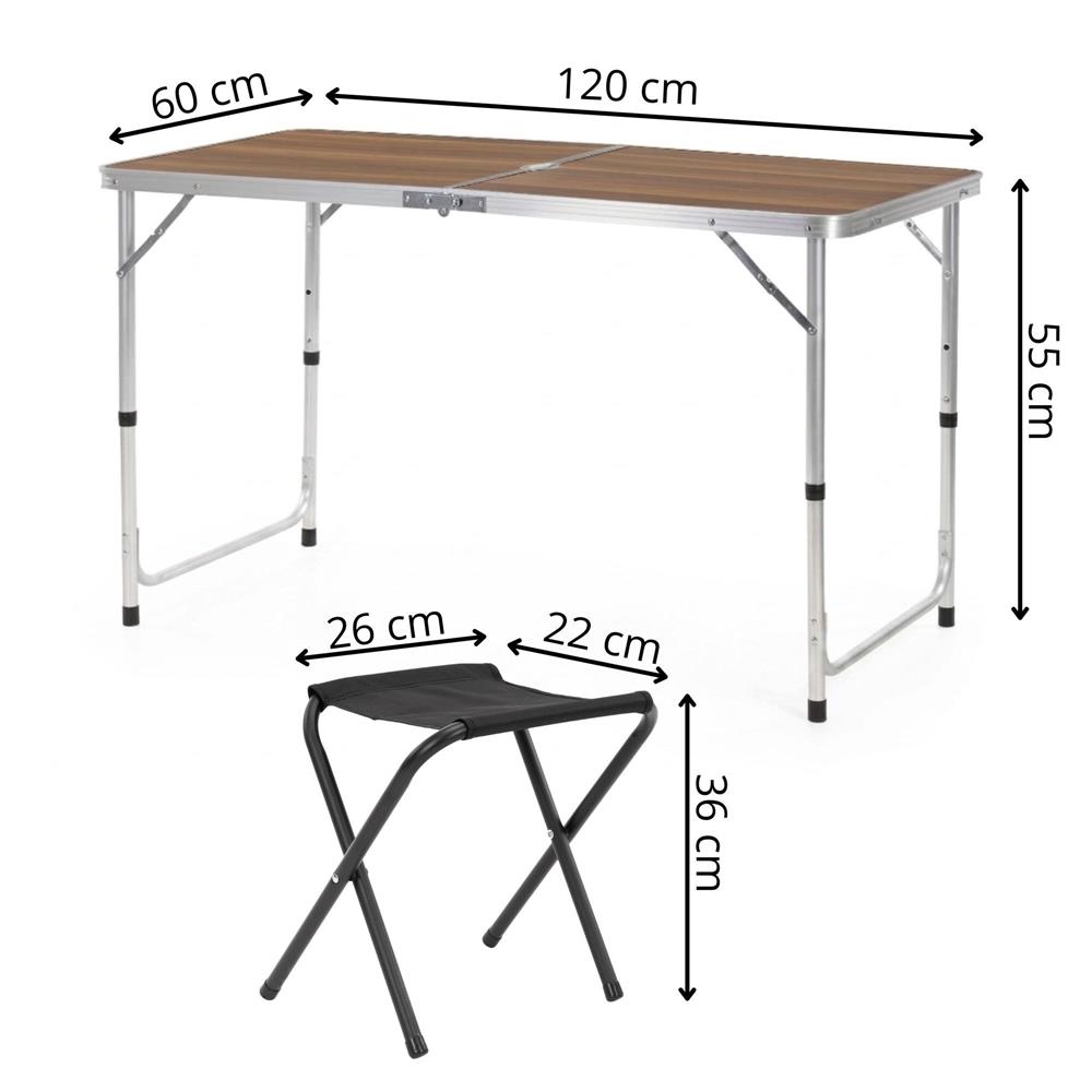 Összecsukható kempingasztal szett 4 székkel, állítható magasságú, alumínium és MDF, 120x60x71 cm, barna és ezüst - Image 31