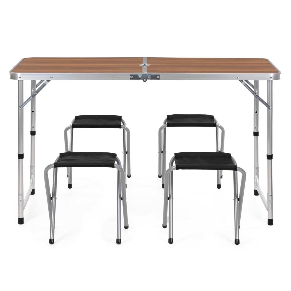 Összecsukható kempingasztal szett 4 székkel, állítható magasságú, alumínium és MDF, 120x60x71 cm, barna és ezüst - Image 32