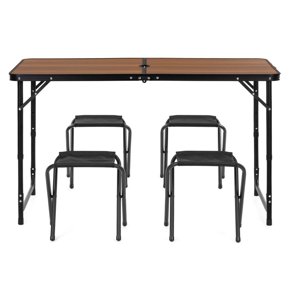 Összecsukható kempingasztal szett 4 székkel, állítható magasságú, alumínium és MDF, 120x60x71 cm, barna és fekete - Image 34