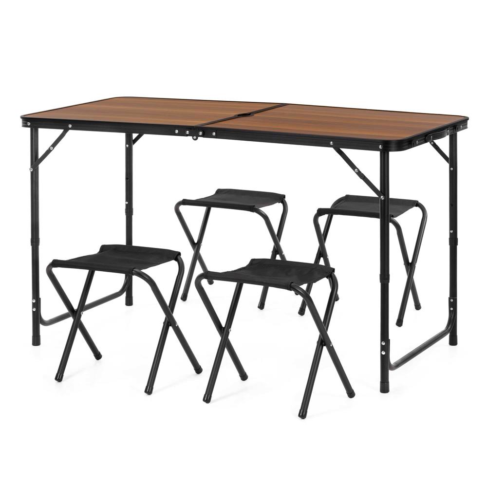 Összecsukható kempingasztal szett 4 székkel, állítható magasságú, alumínium és MDF, 120x60x71 cm, barna és fekete