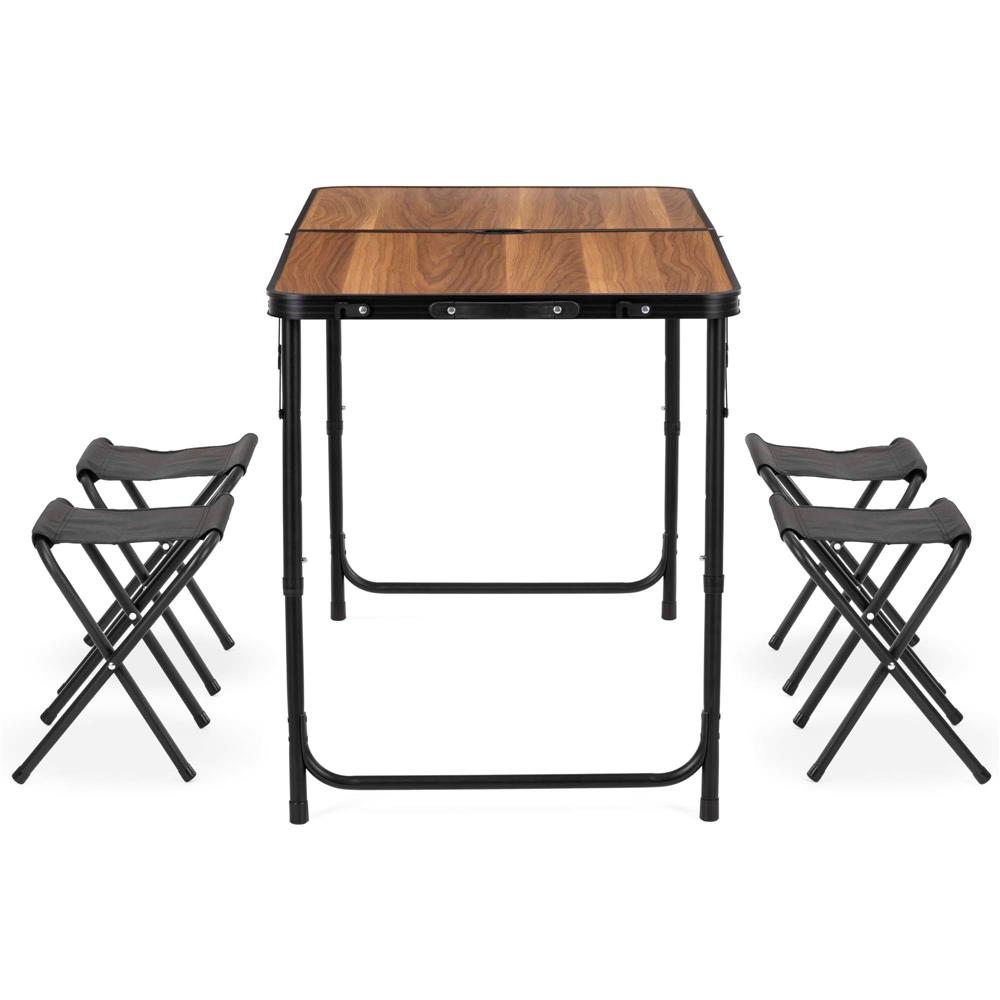 Összecsukható kempingasztal szett 4 székkel, állítható magasságú, alumínium és MDF, 120x60x71 cm, barna és fekete - Image 28