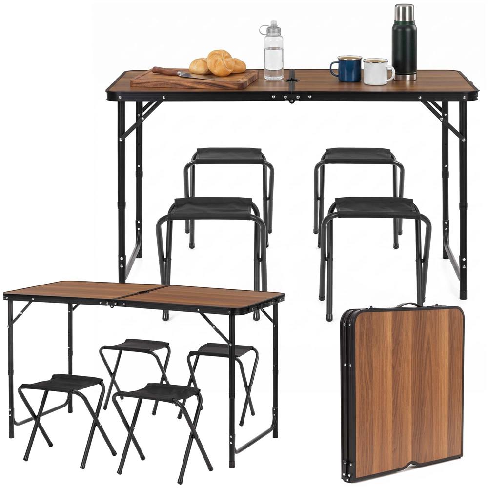 Összecsukható kempingasztal szett 4 székkel, állítható magasságú, alumínium és MDF, 120x60x71 cm, barna és fekete - Image 4