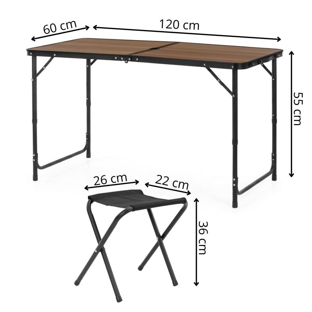 Összecsukható kempingasztal szett 4 székkel, állítható magasságú, alumínium és MDF, 120x60x71 cm, barna és fekete - Image 33