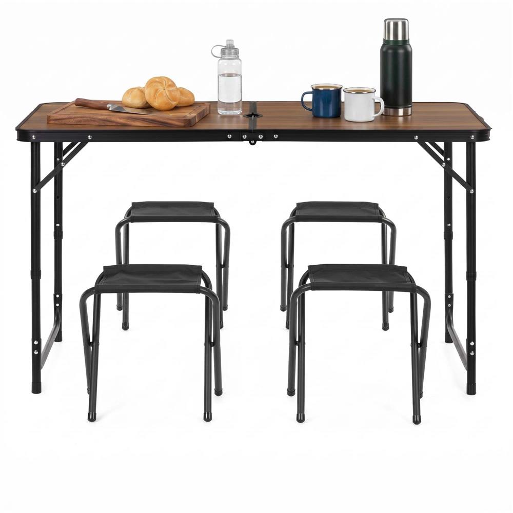 Összecsukható kempingasztal szett 4 székkel, állítható magasságú, alumínium és MDF, 120x60x71 cm, barna és fekete - Image 10